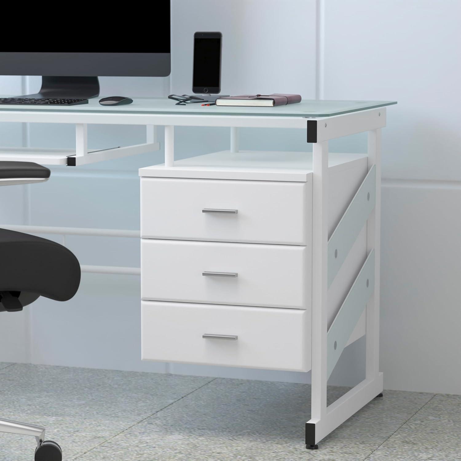 imageFlash Furniture Singleton White Computer Desk with Frosted Glass Top and Three Drawer Pedestal