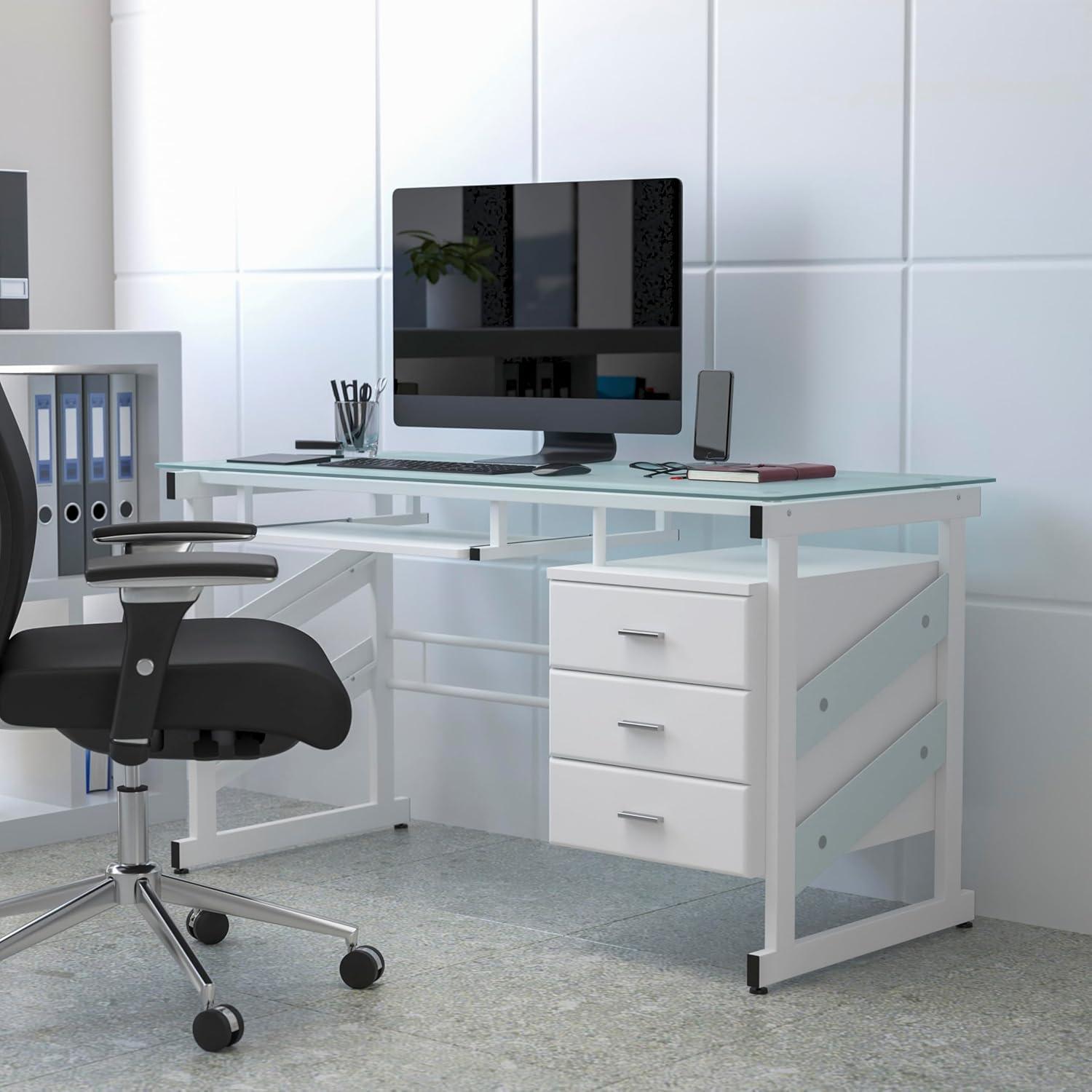 imageFlash Furniture Singleton White Computer Desk with Frosted Glass Top and Three Drawer Pedestal