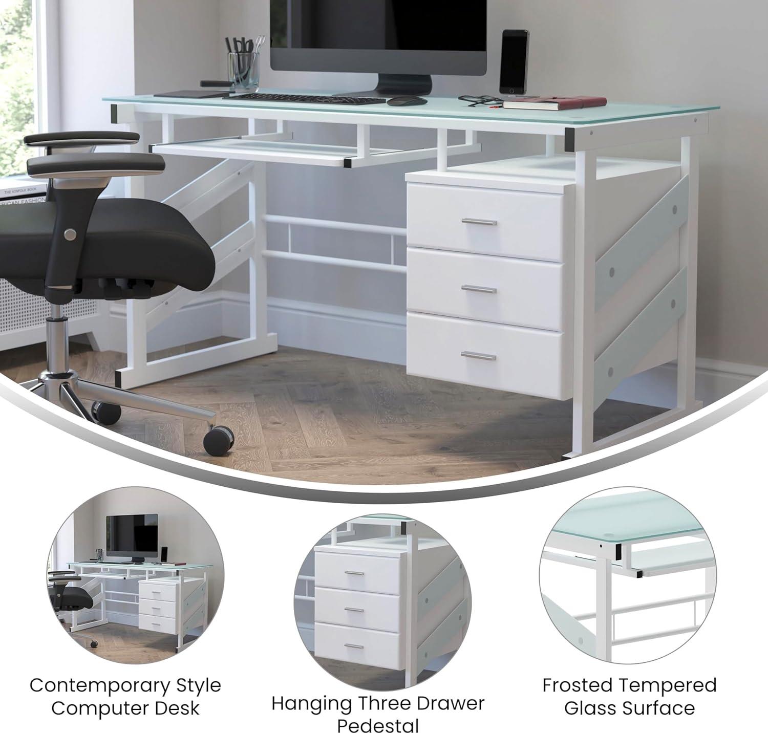 imageFlash Furniture Singleton White Computer Desk with Frosted Glass Top and Three Drawer Pedestal