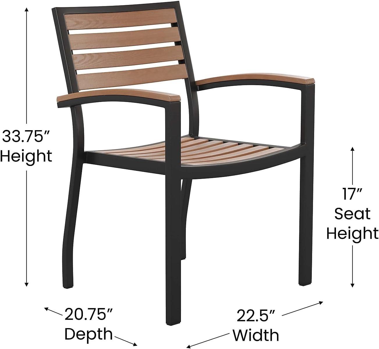 imageFlash Furniture Stackable Aluminum Patio Chair AllWeather Black Framed Side Chair with Faux Teak Slats Commercial Grade Set of 4Black