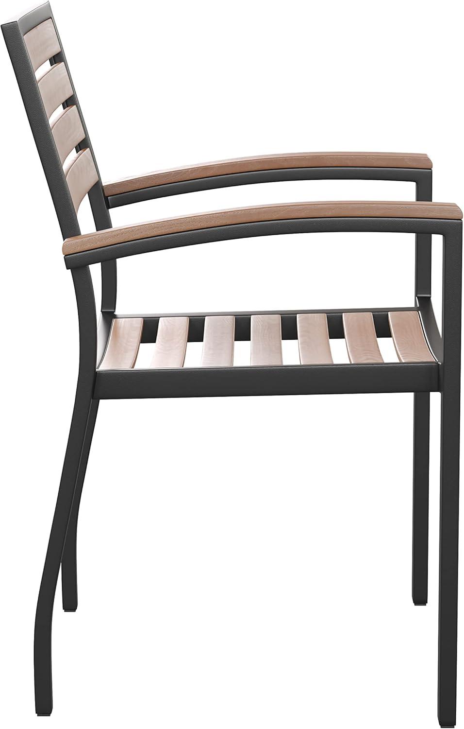 imageFlash Furniture Stackable Aluminum Patio Chair AllWeather Black Framed Side Chair with Faux Teak Slats Commercial Grade Set of 4Black
