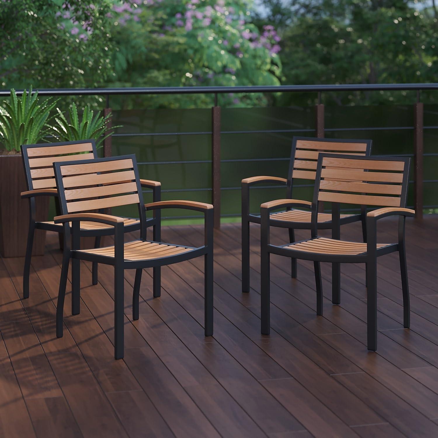 imageFlash Furniture Stackable Aluminum Patio Chair AllWeather Black Framed Side Chair with Faux Teak Slats Commercial Grade Set of 4Black