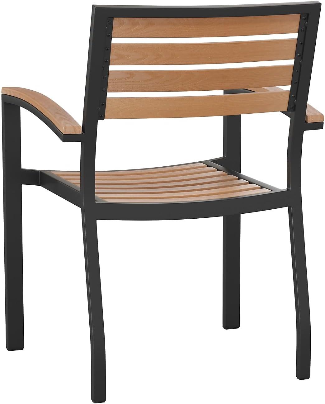 imageFlash Furniture Stackable Aluminum Patio Chair AllWeather Black Framed Side Chair with Faux Teak Slats Commercial Grade Set of 4Black