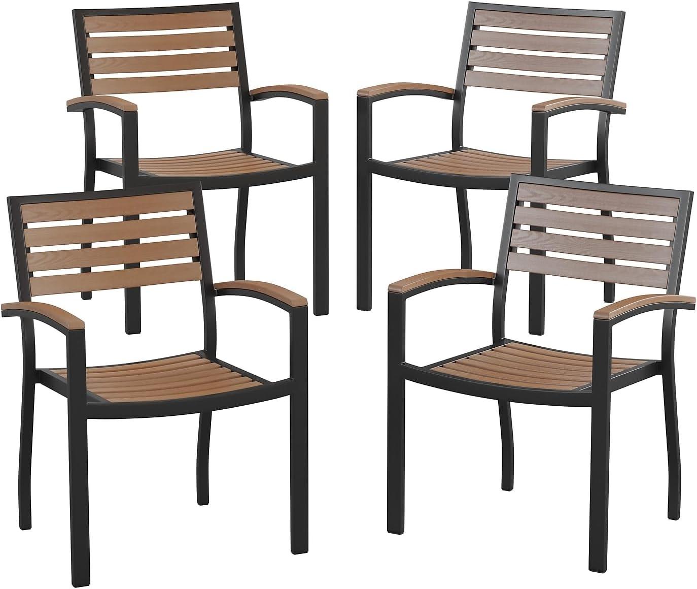 imageFlash Furniture Stackable Aluminum Patio Chair AllWeather Black Framed Side Chair with Faux Teak Slats Commercial Grade Set of 4Black