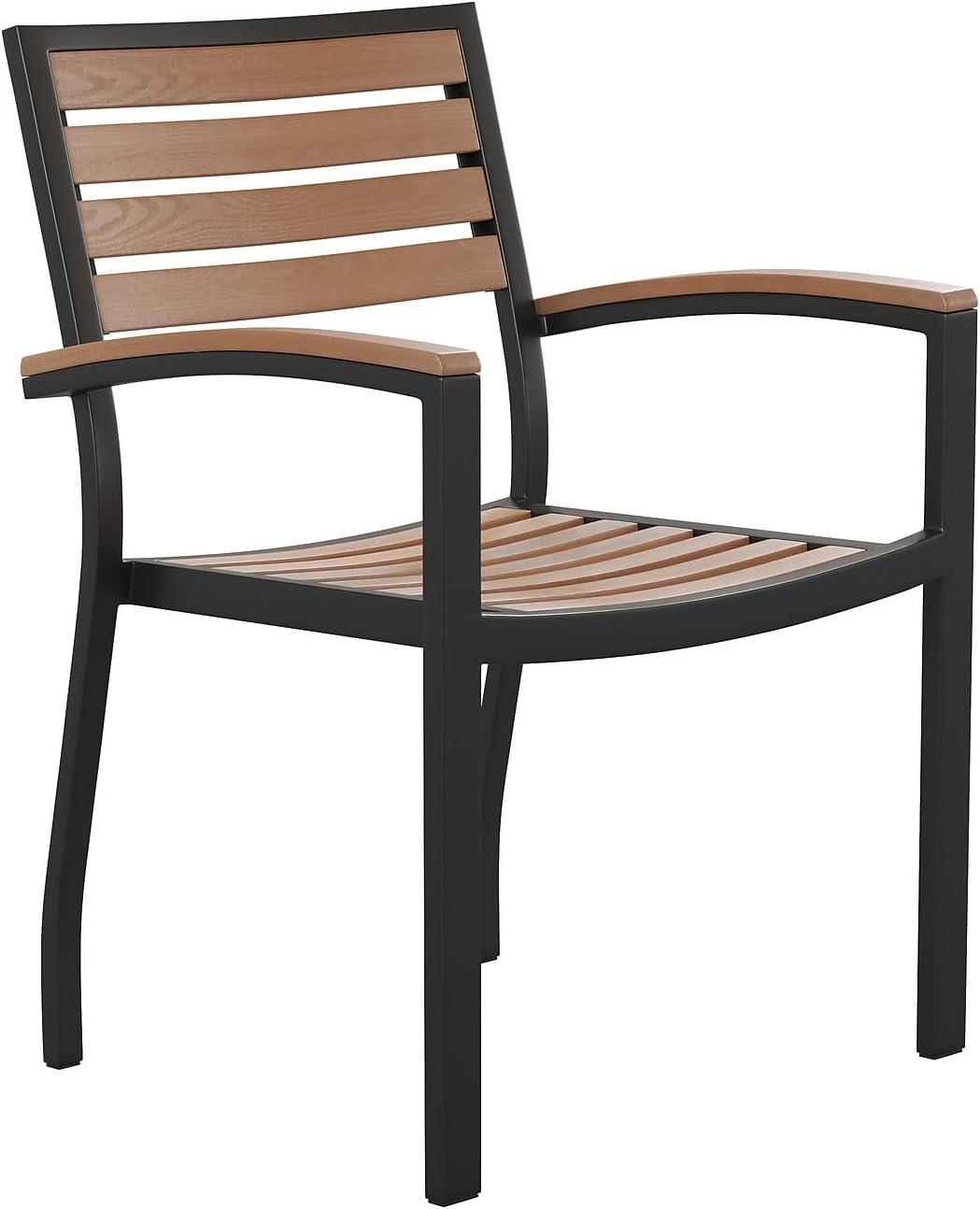imageFlash Furniture Stackable Aluminum Patio Chair AllWeather Black Framed Side Chair with Faux Teak Slats Commercial Grade Set of 4Black