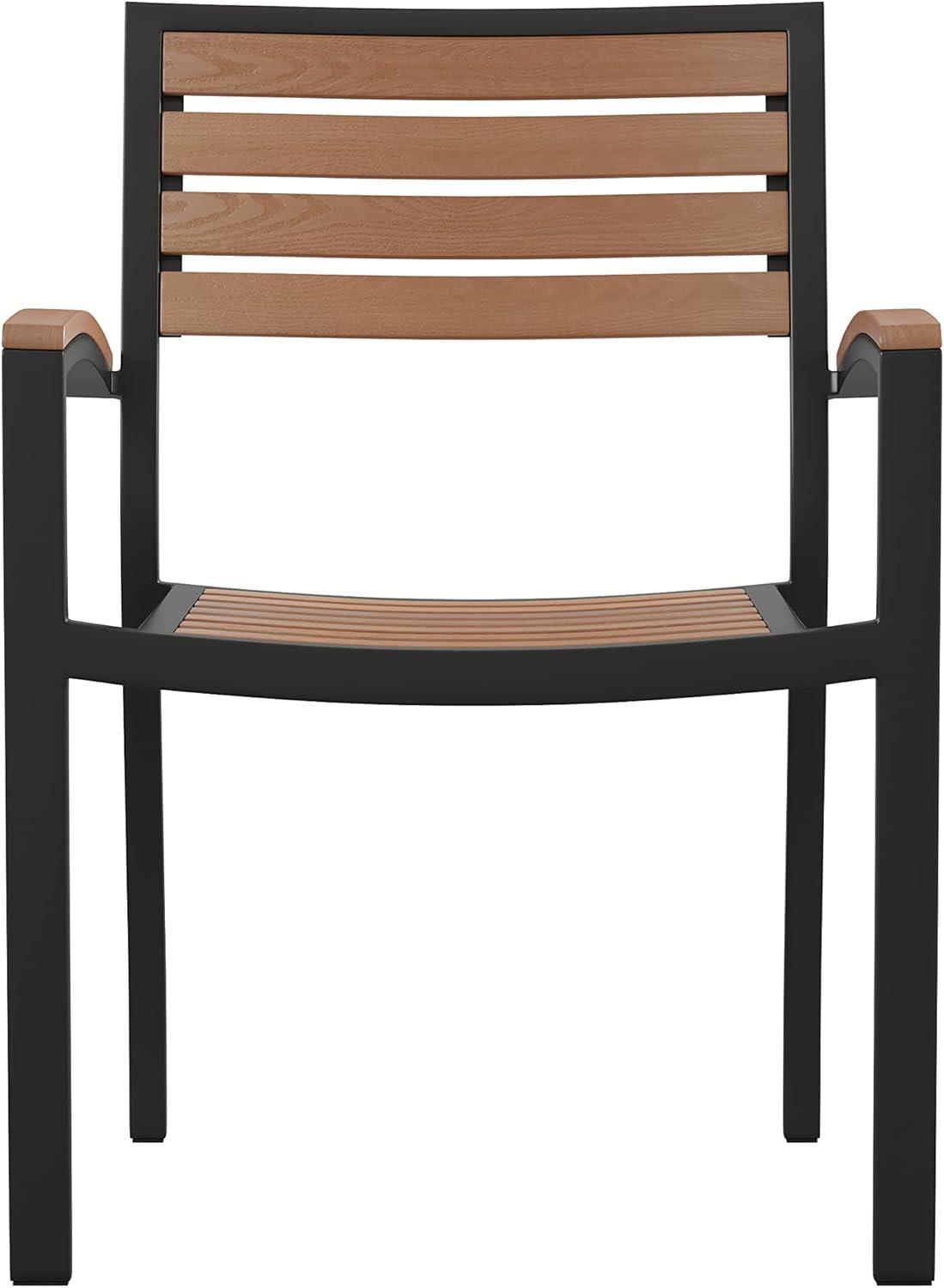 imageFlash Furniture Stackable Aluminum Patio Chair AllWeather Black Framed Side Chair with Faux Teak Slats Commercial Grade Set of 4Black
