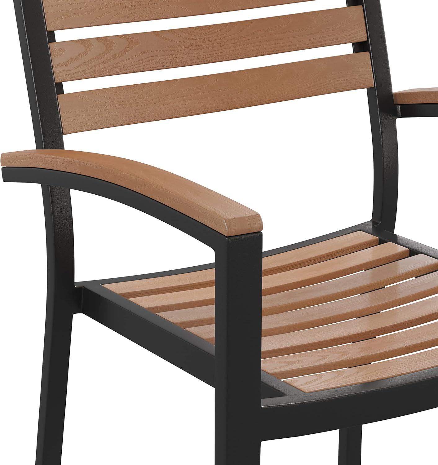 imageFlash Furniture Stackable Aluminum Patio Chair AllWeather Black Framed Side Chair with Faux Teak Slats Commercial Grade Set of 4Black