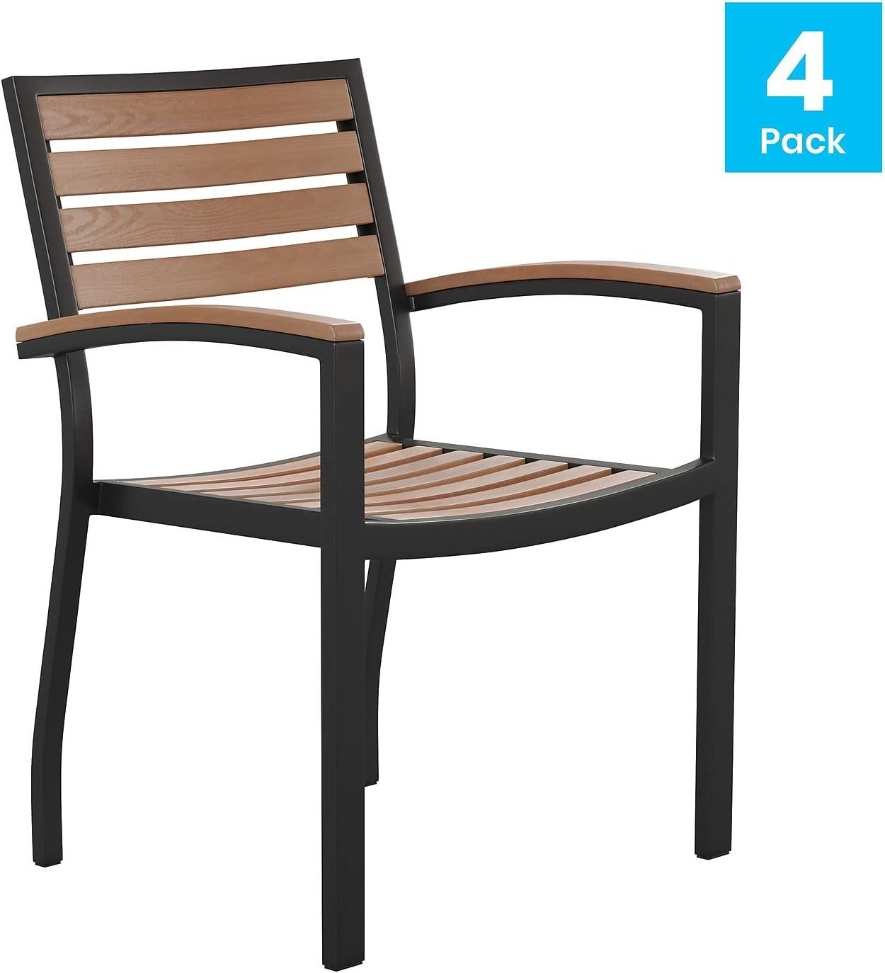 imageFlash Furniture Stackable Aluminum Patio Chair AllWeather Black Framed Side Chair with Faux Teak Slats Commercial Grade Set of 4Black
