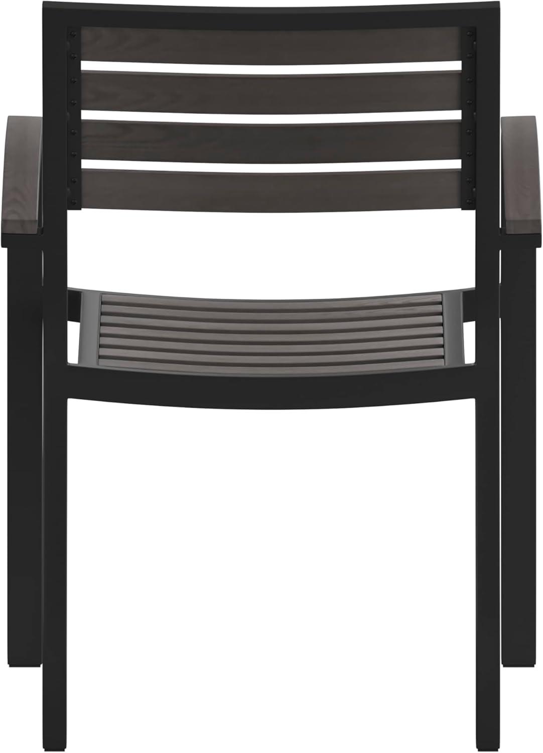 imageFlash Furniture Stackable Aluminum Patio Chair AllWeather Black Framed Side Chair with Faux Teak Slats Commercial Grade Set of 4Grey