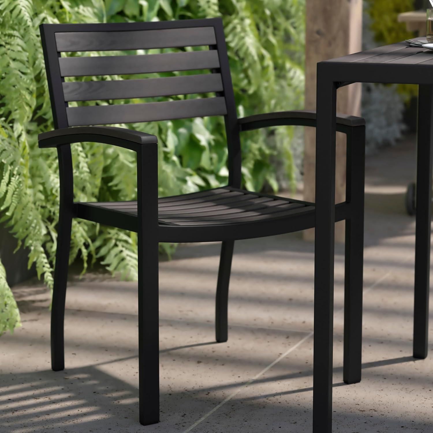 imageFlash Furniture Stackable Aluminum Patio Chair AllWeather Black Framed Side Chair with Faux Teak Slats Commercial Grade Set of 4Grey