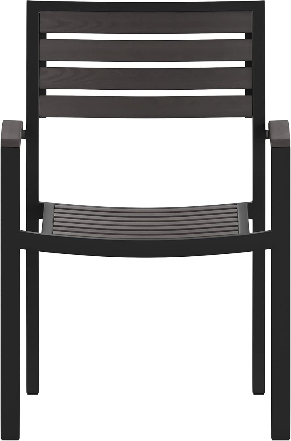 imageFlash Furniture Stackable Aluminum Patio Chair AllWeather Black Framed Side Chair with Faux Teak Slats Commercial Grade Set of 4Grey