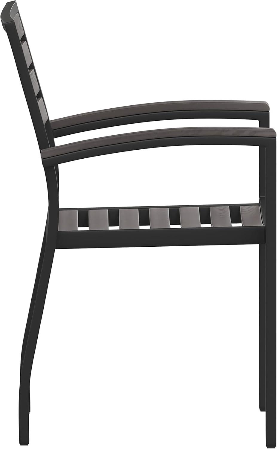 imageFlash Furniture Stackable Aluminum Patio Chair AllWeather Black Framed Side Chair with Faux Teak Slats Commercial Grade Set of 4Grey