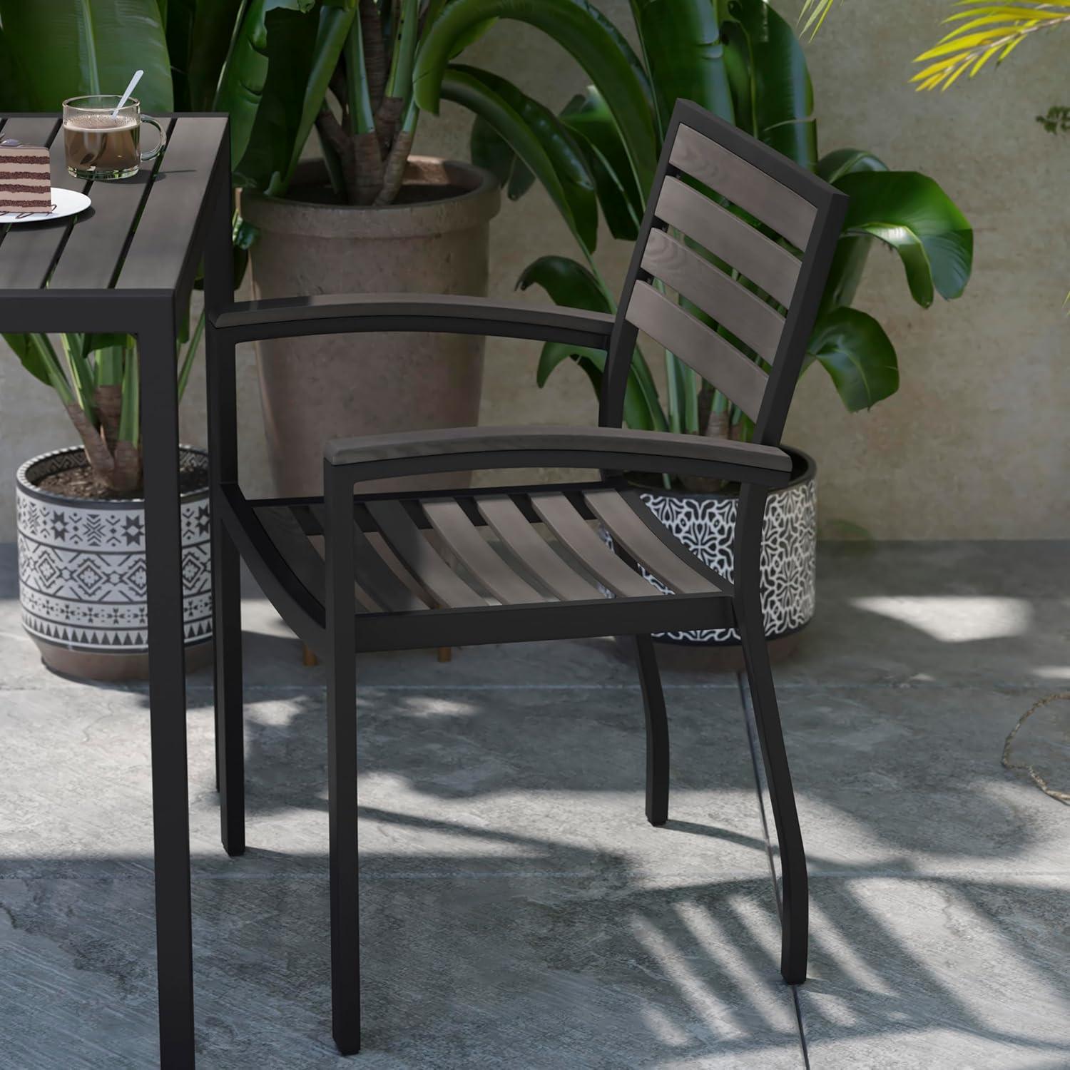 imageFlash Furniture Stackable Aluminum Patio Chair AllWeather Black Framed Side Chair with Faux Teak Slats Commercial Grade Set of 4Grey