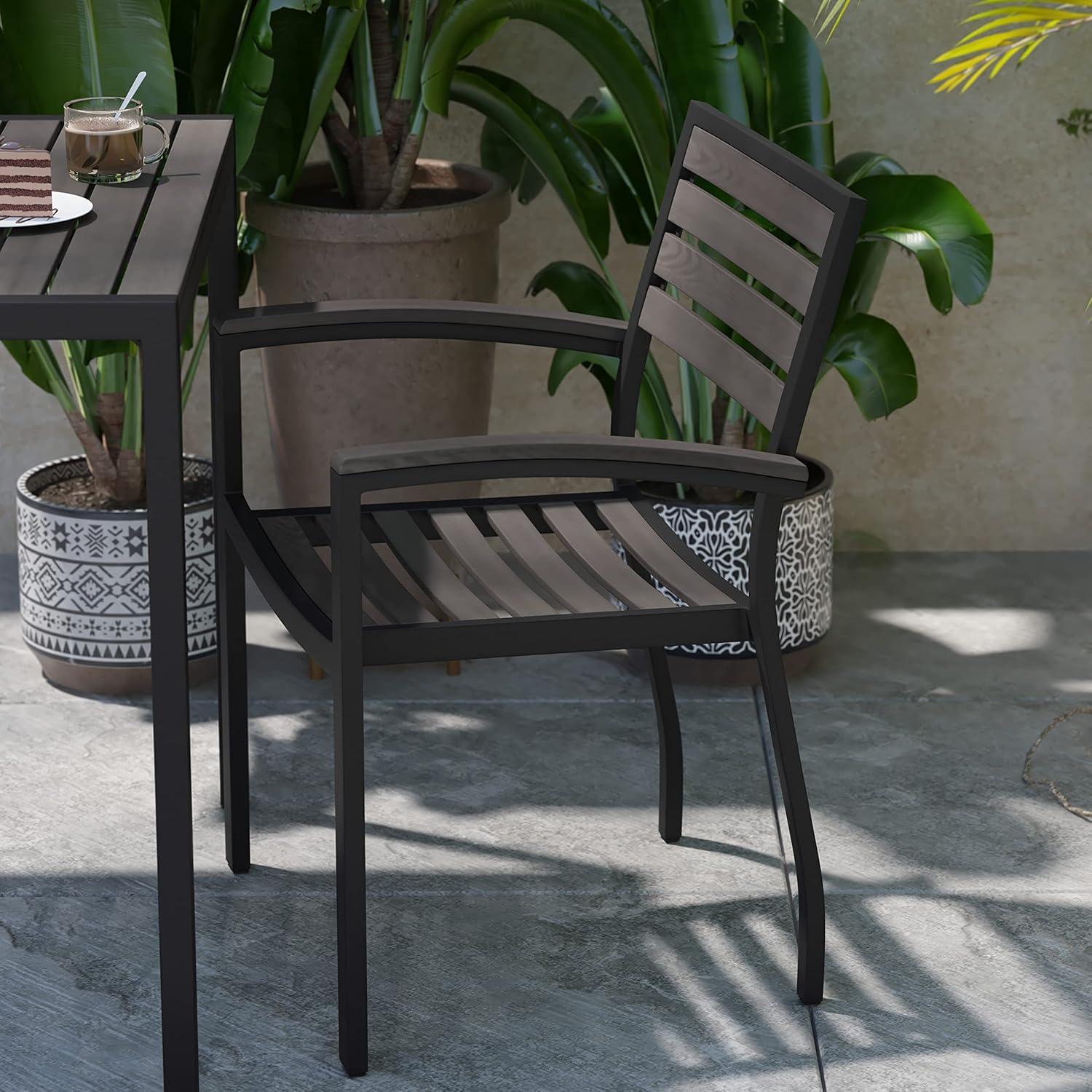 imageFlash Furniture Stackable Aluminum Patio Chair AllWeather Black Framed Side Chair with Faux Teak Slats Commercial Grade Set of 4Grey