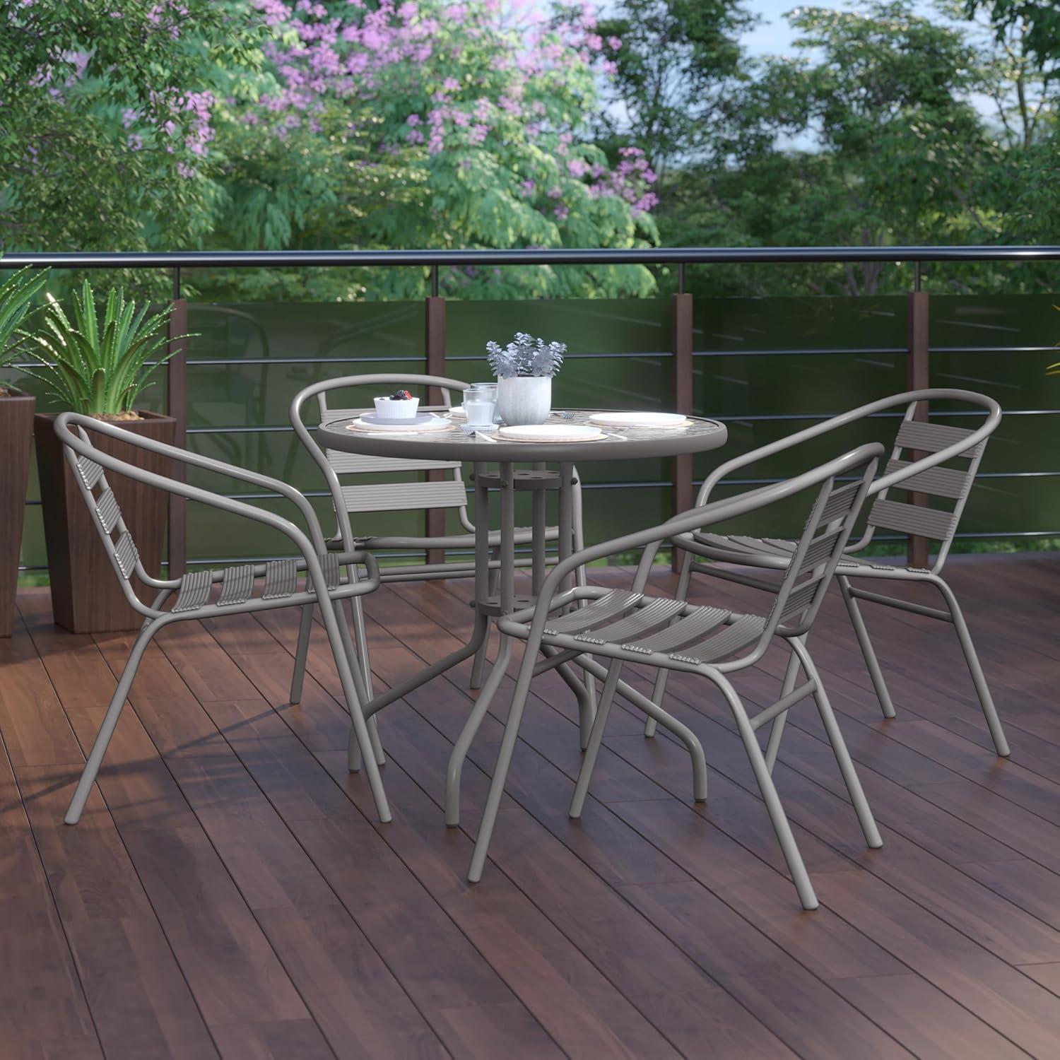 imageFlash Furniture TLH072RD017CBZ4GG Lila 315 Round Glass Table with 4 Metal Aluminum Slat Stack Chairs BronzeSilver