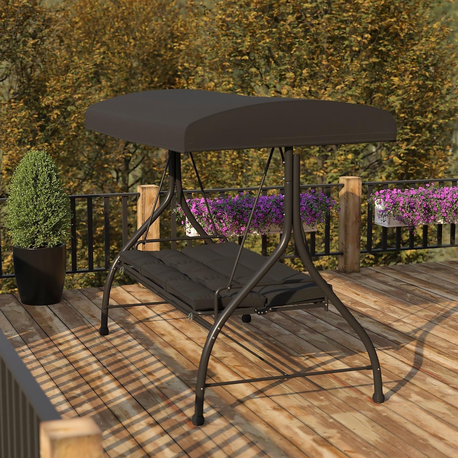 imageFlash Furniture Tellis 3Seat Outdoor Steel Converting Patio Swing Canopy Hammock with Cushions Outdoor Swing Bed GrayBlack