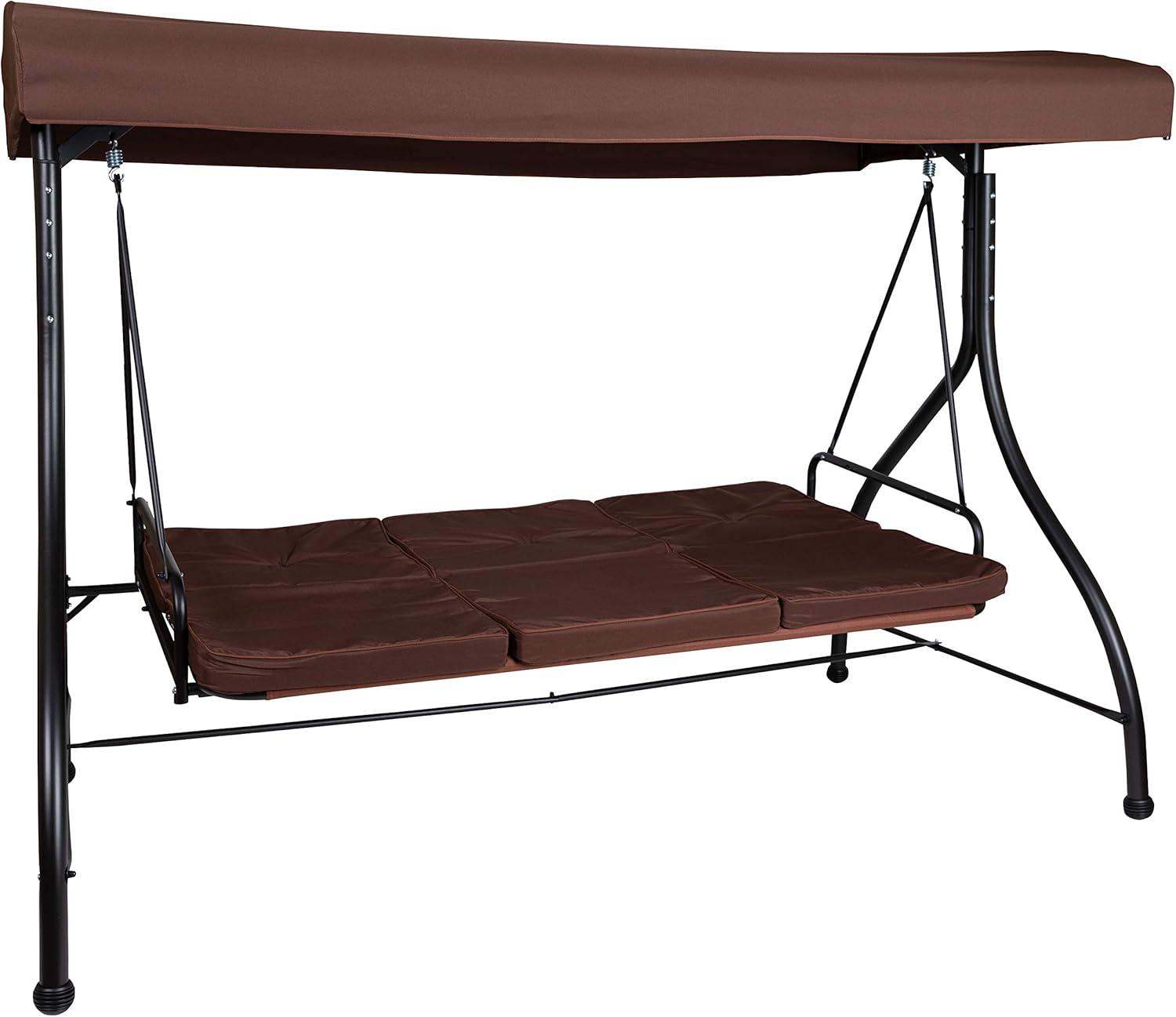 imageFlash Furniture Tellis 3Seat Outdoor Steel Converting Patio Swing Canopy Hammock with Cushions Outdoor Swing Bed GrayBrown