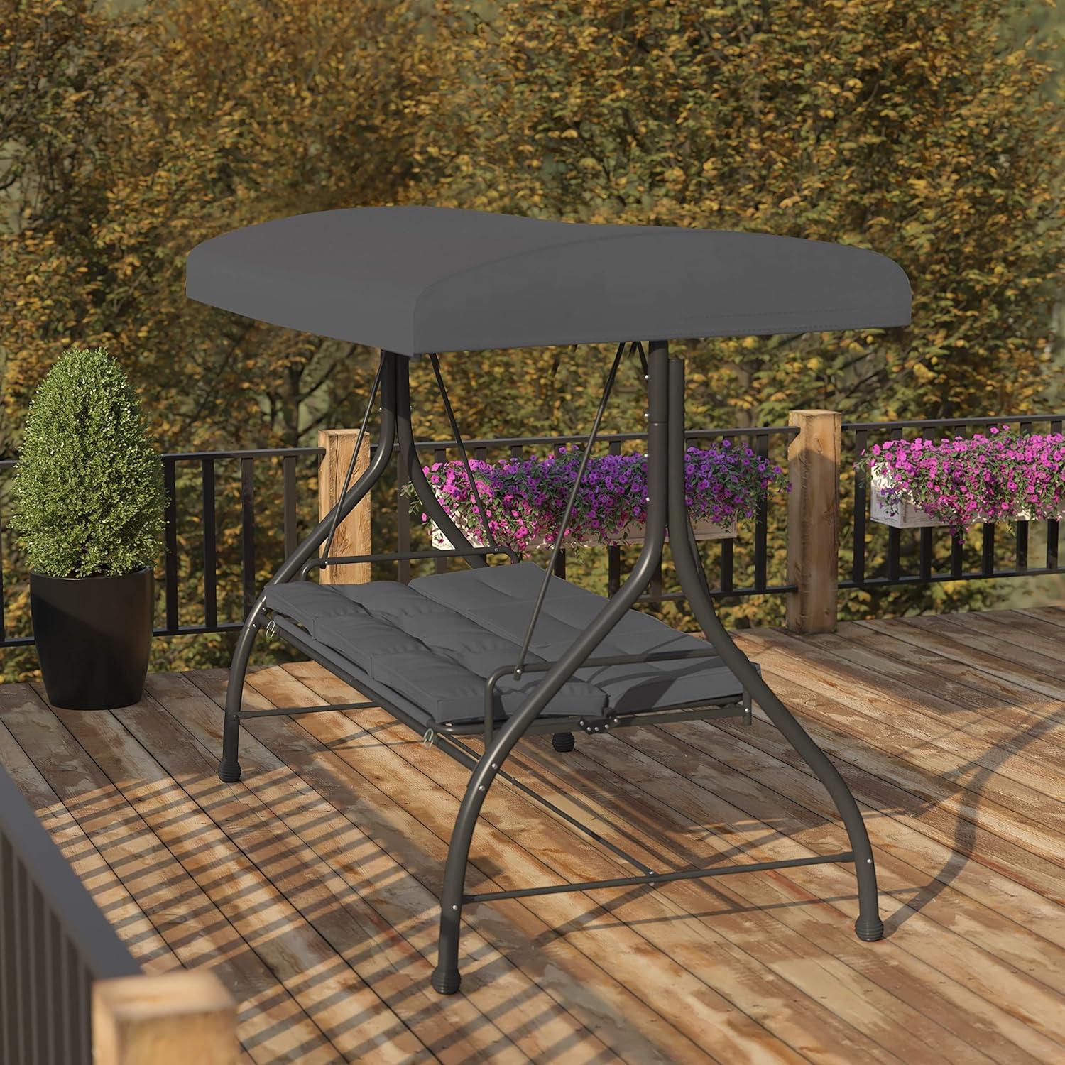 imageFlash Furniture Tellis 3Seat Outdoor Steel Converting Patio Swing Canopy Hammock with Cushions Outdoor Swing Bed GrayGray