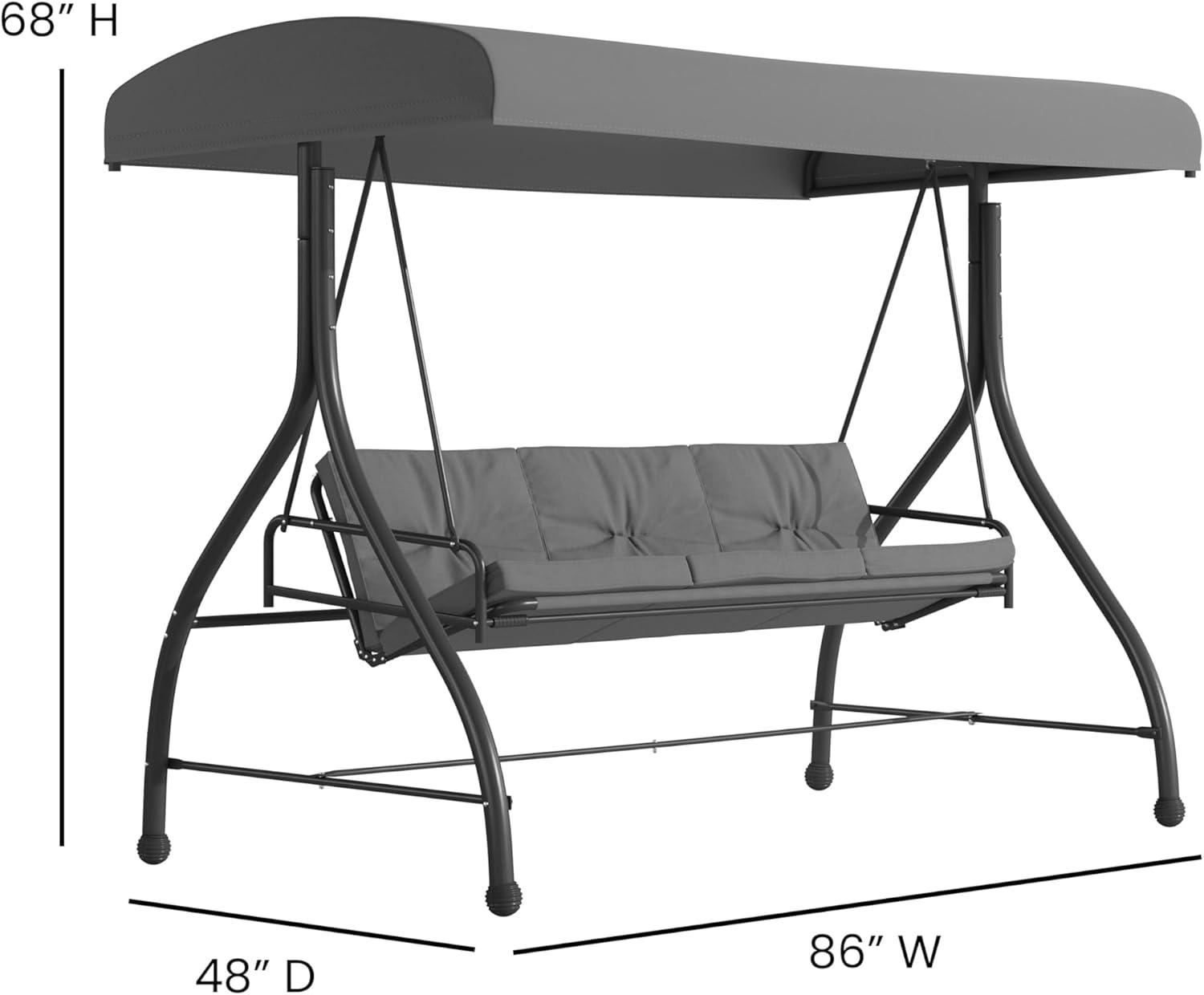 imageFlash Furniture Tellis 3Seat Outdoor Steel Converting Patio Swing Canopy Hammock with Cushions Outdoor Swing Bed GrayGray