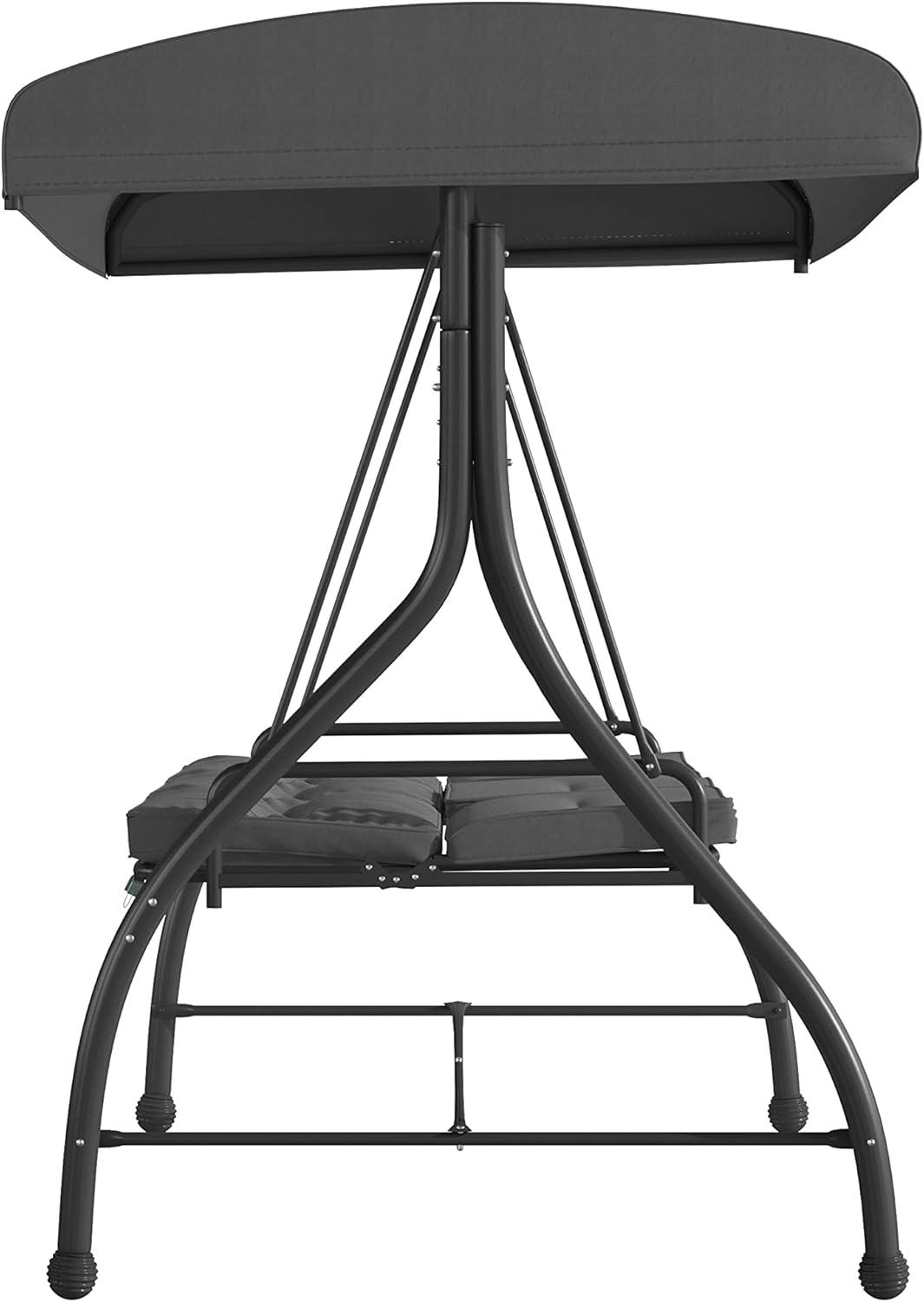 imageFlash Furniture Tellis 3Seat Outdoor Steel Converting Patio Swing Canopy Hammock with Cushions Outdoor Swing Bed GrayGray
