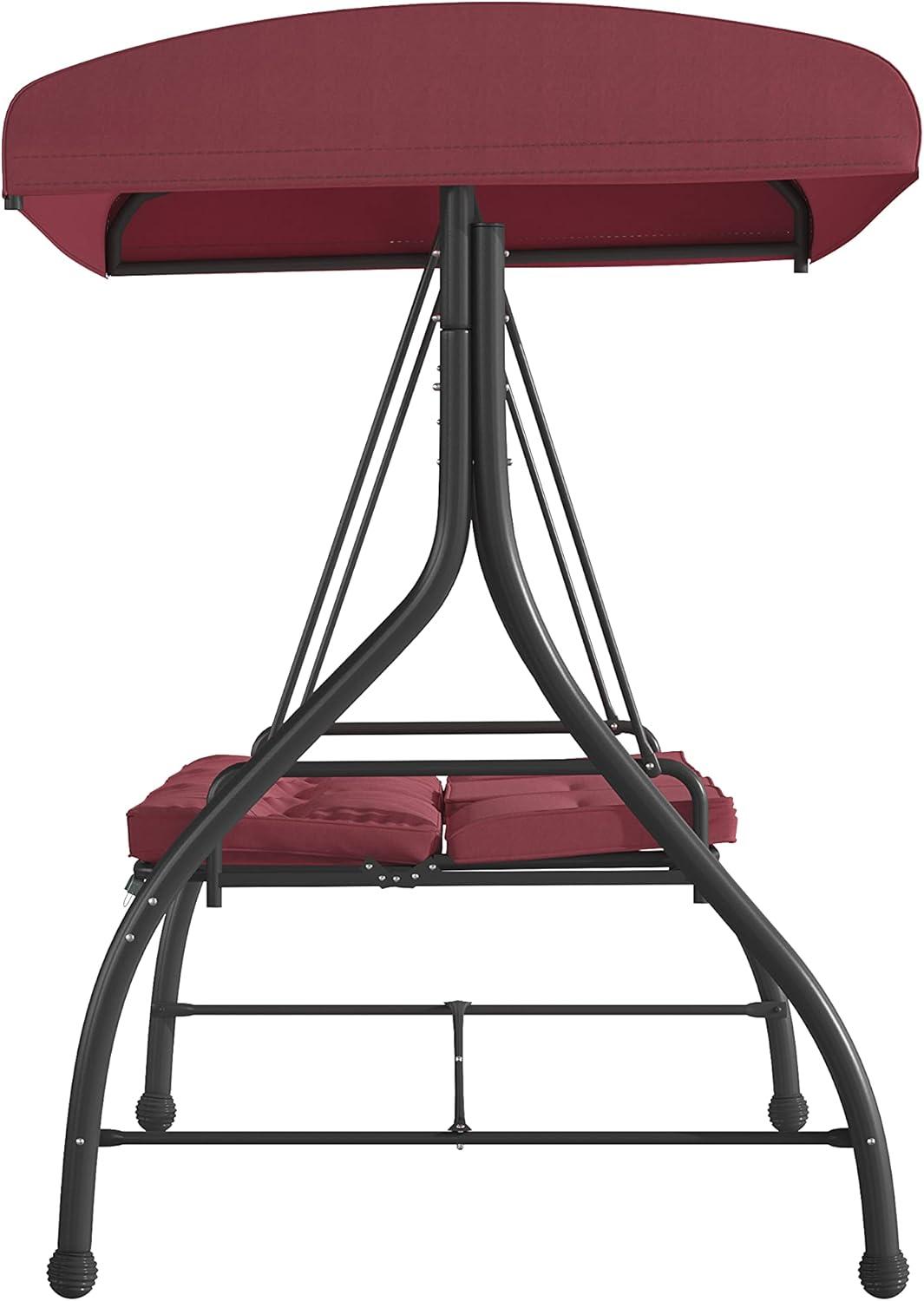 imageFlash Furniture Tellis 3Seat Outdoor Steel Converting Patio Swing Canopy Hammock with Cushions Outdoor Swing Bed GrayMaroon