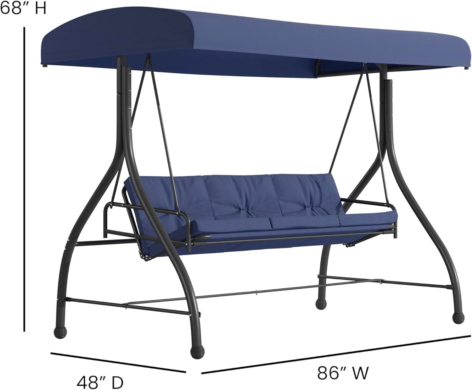 imageFlash Furniture Tellis 3Seat Outdoor Steel Converting Patio Swing Canopy Hammock with Cushions Outdoor Swing Bed GrayNavy