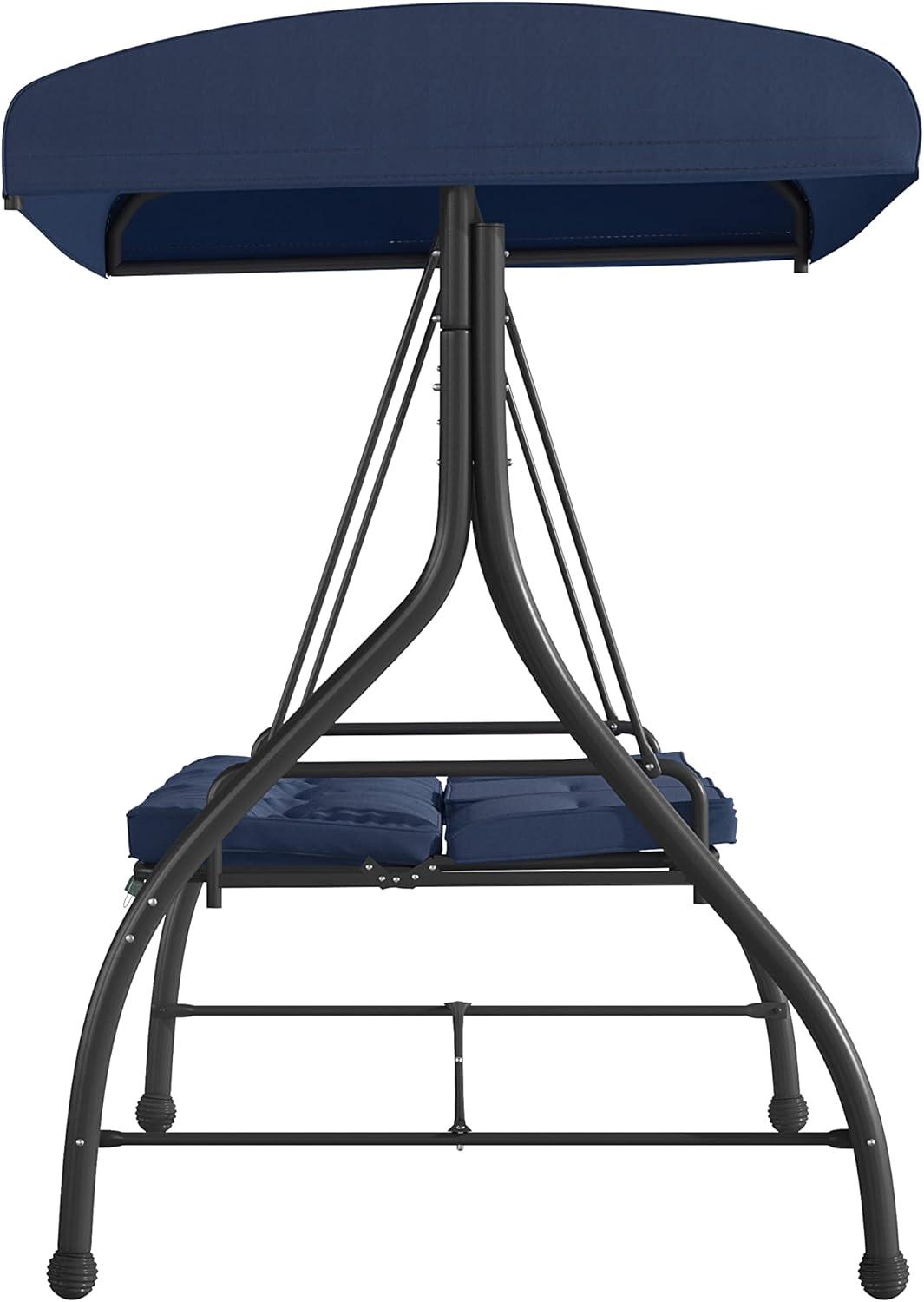 imageFlash Furniture Tellis 3Seat Outdoor Steel Converting Patio Swing Canopy Hammock with Cushions Outdoor Swing Bed GrayNavy