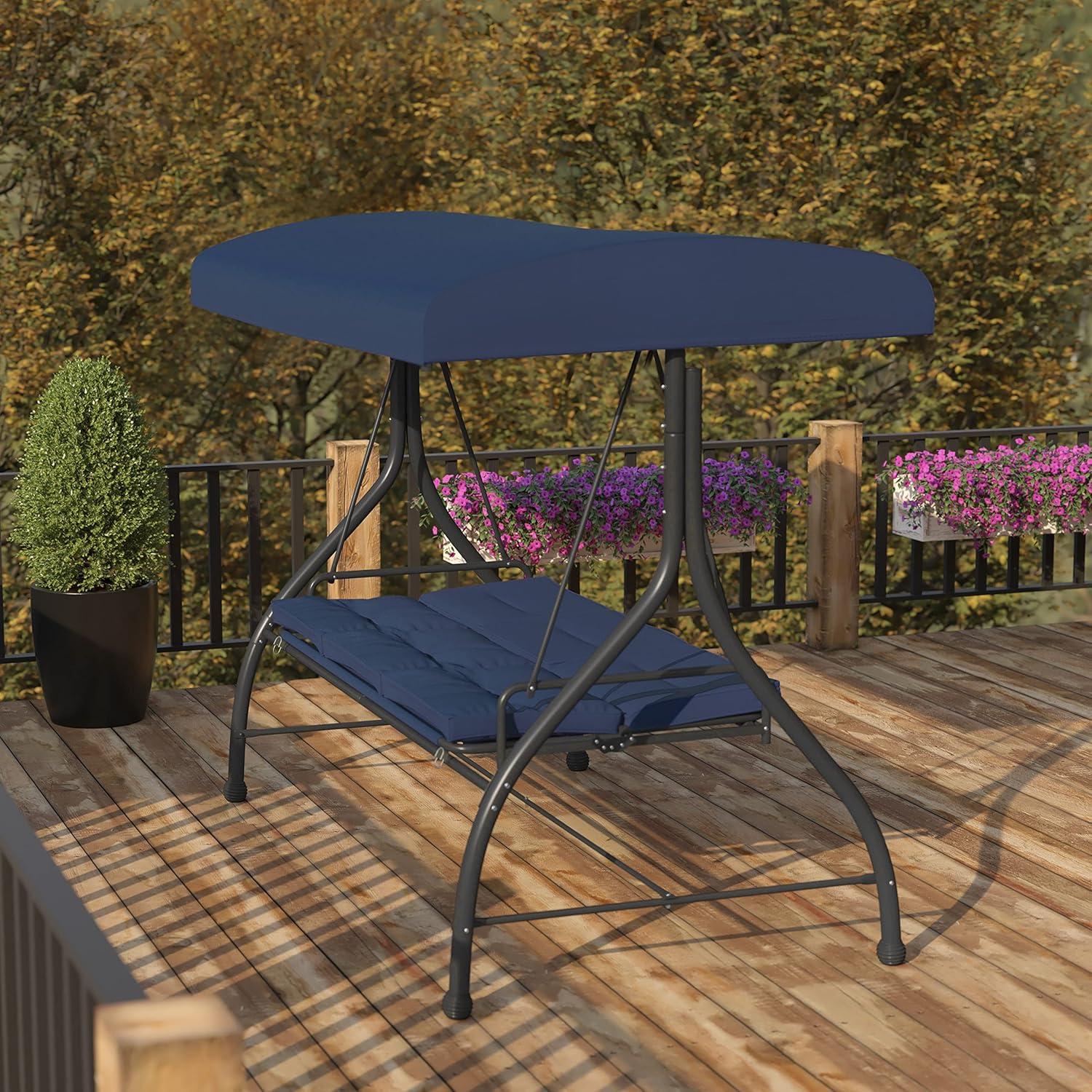 imageFlash Furniture Tellis 3Seat Outdoor Steel Converting Patio Swing Canopy Hammock with Cushions Outdoor Swing Bed GrayNavy