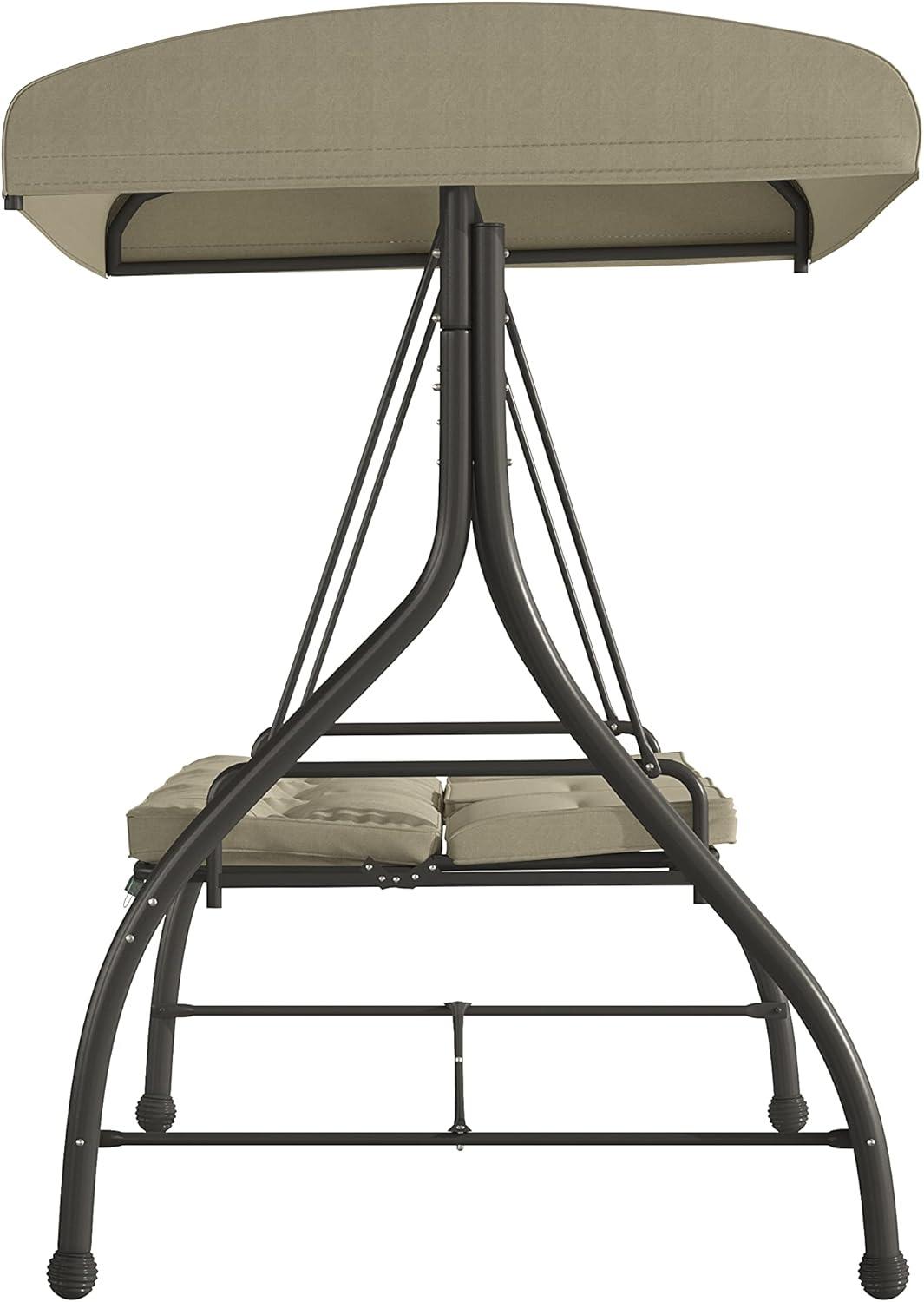 imageFlash Furniture Tellis 3Seat Outdoor Steel Converting Patio Swing Canopy Hammock with Cushions Outdoor Swing Bed GrayTan