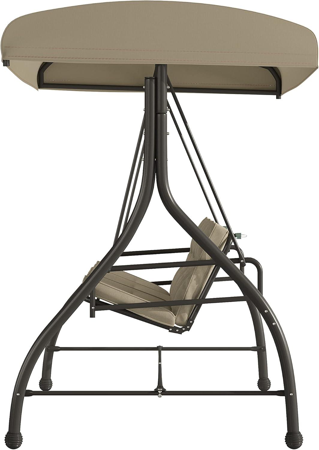 imageFlash Furniture Tellis 3Seat Outdoor Steel Converting Patio Swing Canopy Hammock with Cushions Outdoor Swing Bed GrayTan
