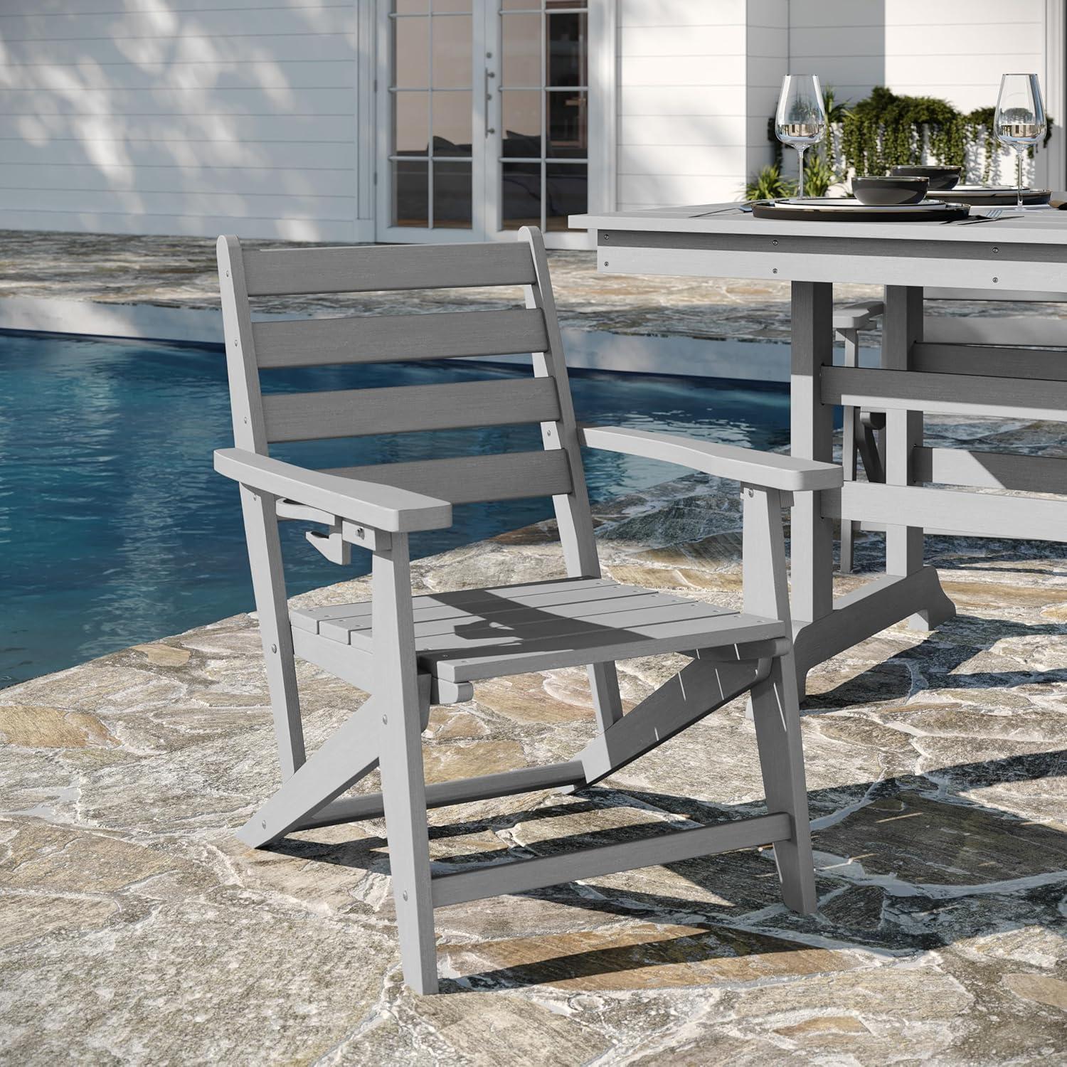 imageFlash Furniture Tolleson Adirondack Dining Chair with Cup Holder Commercial Weather Resistant Recycled HDPE Adirondack Chair Fold Out Cupholder WhiteGrey