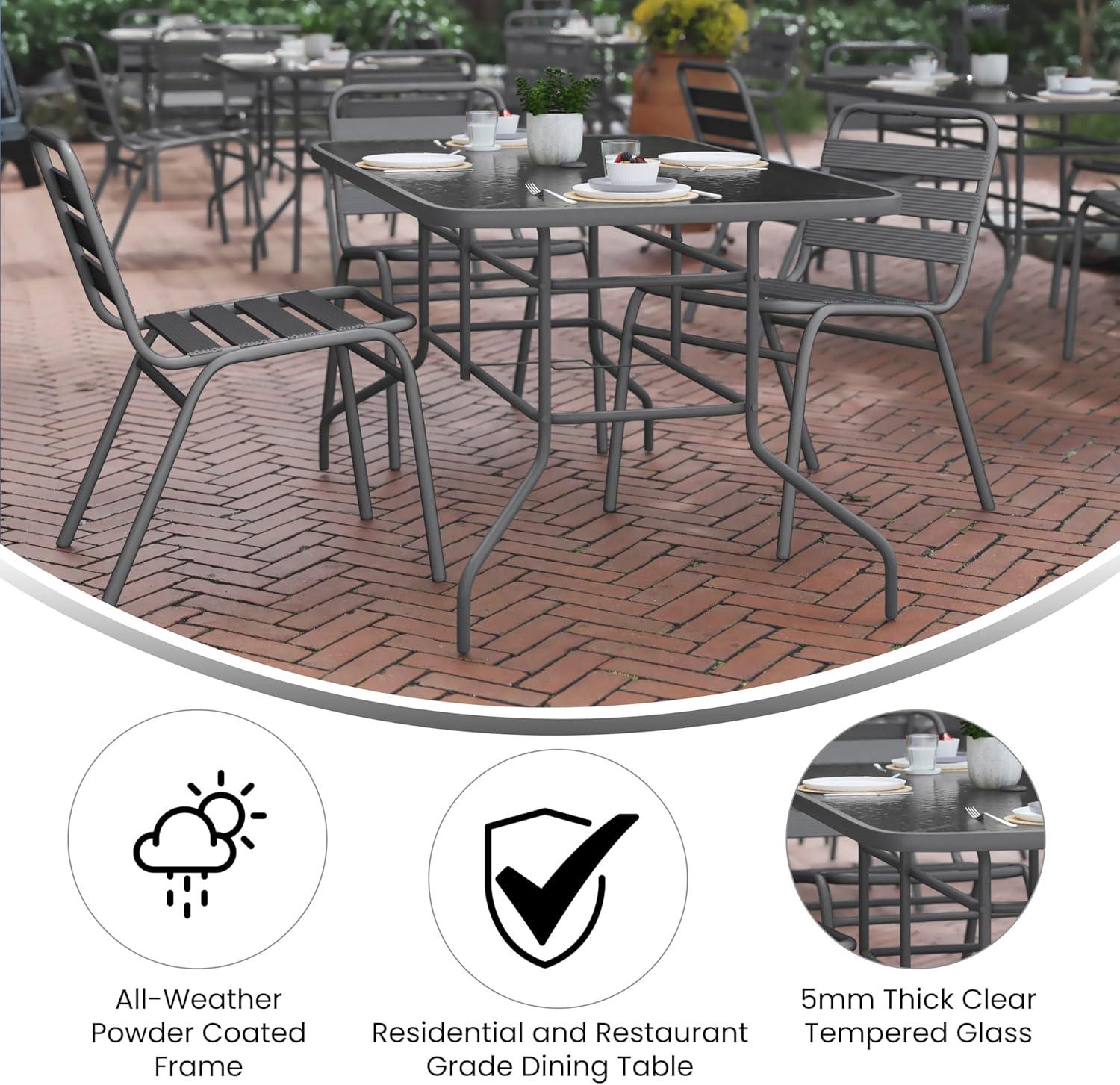 imageFlash Furniture Tory 315quot x 55quot Rectangular Tempered Glass Metal Patio Table with Umbrella Hole Modern Rippled Glass Outdoor Dining Table BlackClear TopSilver Frame