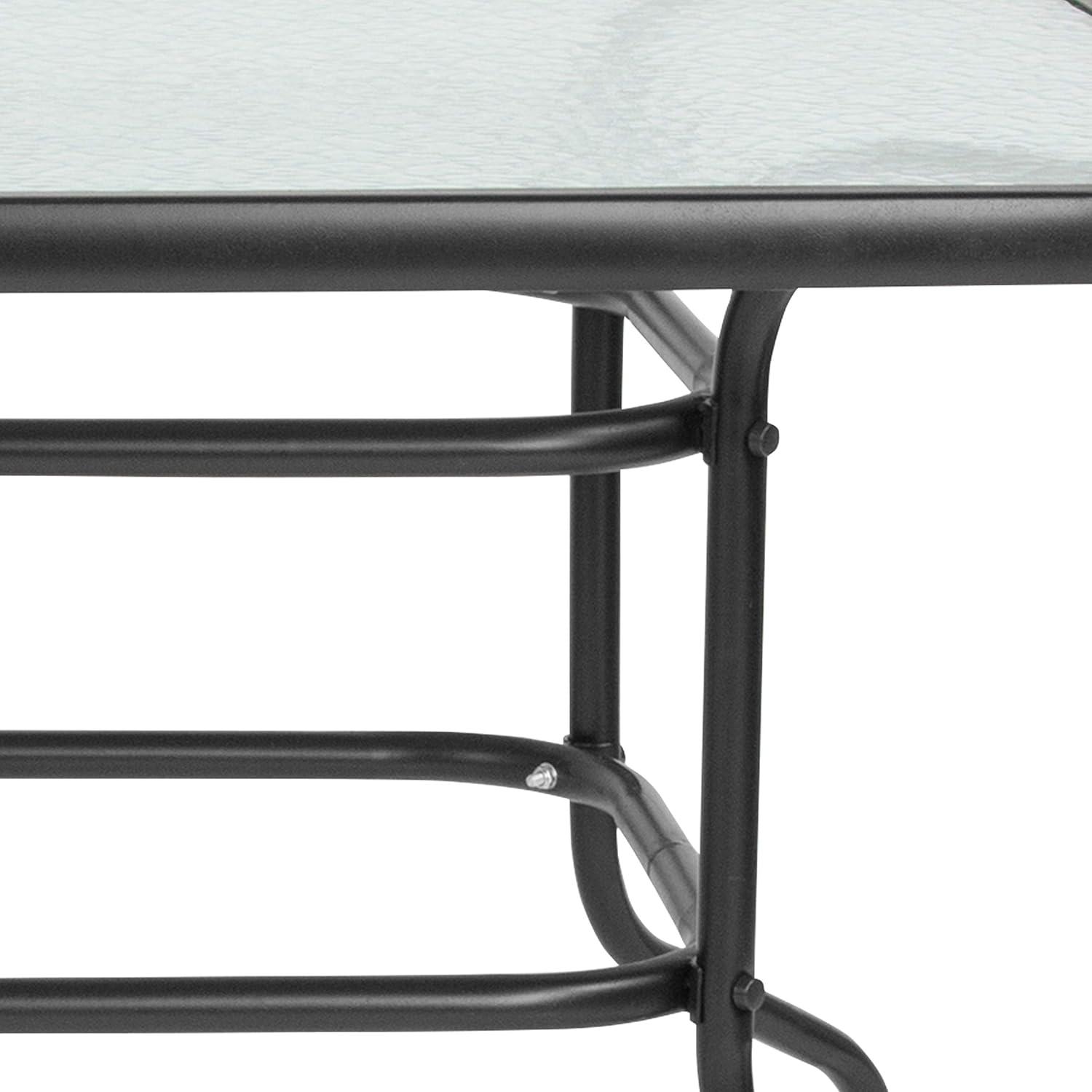 imageFlash Furniture Tory 315quot x 55quot Rectangular Tempered Glass Metal Patio Table with Umbrella Hole Modern Rippled Glass Outdoor Dining Table BlackClear TopBlack Frame