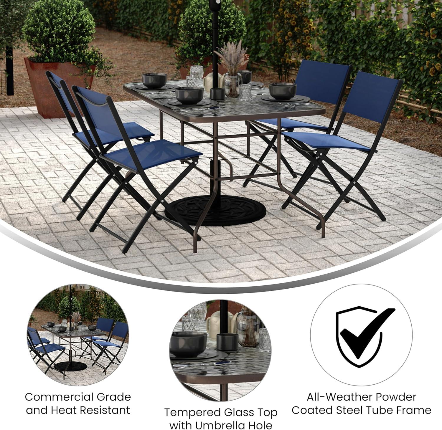 imageFlash Furniture Tory 315quot x 55quot Rectangular Tempered Glass Metal Patio Table with Umbrella Hole Modern Rippled Glass Outdoor Dining Table BlackClear TopBronze Frame