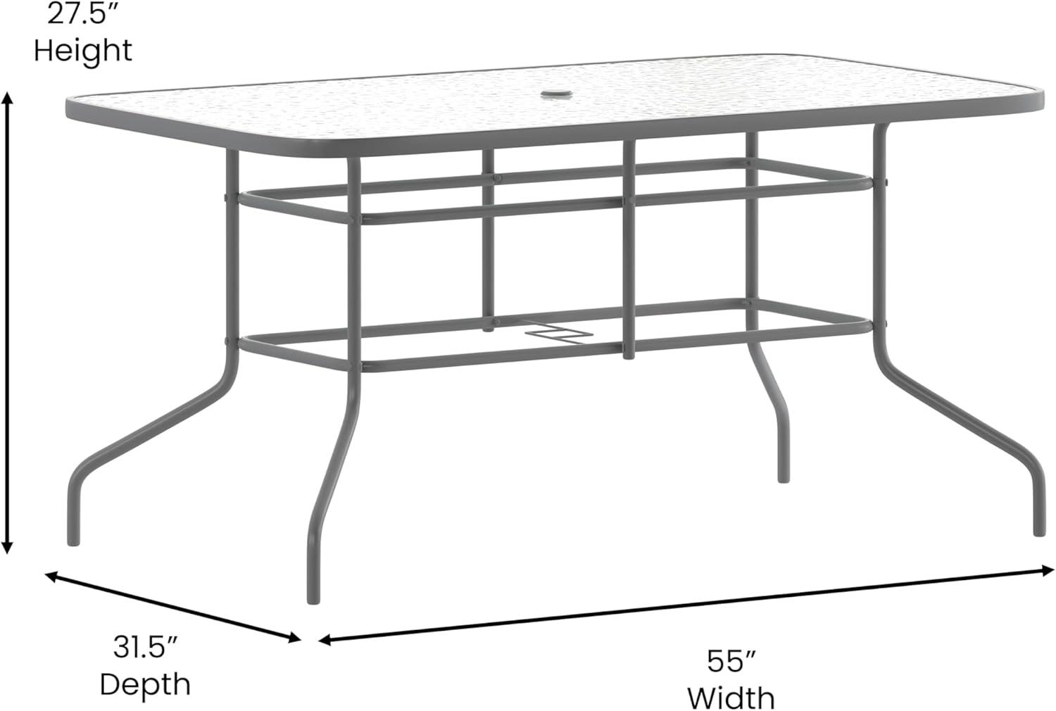 imageFlash Furniture Tory 315quot x 55quot Rectangular Tempered Glass Metal Patio Table with Umbrella Hole Modern Rippled Glass Outdoor Dining Table BlackClear TopSilver Frame