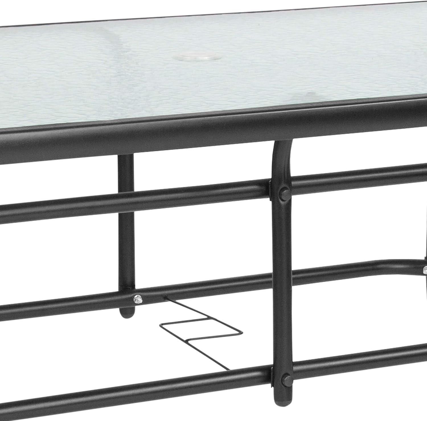 imageFlash Furniture Tory 315quot x 55quot Rectangular Tempered Glass Metal Patio Table with Umbrella Hole Modern Rippled Glass Outdoor Dining Table BlackClear TopBlack Frame