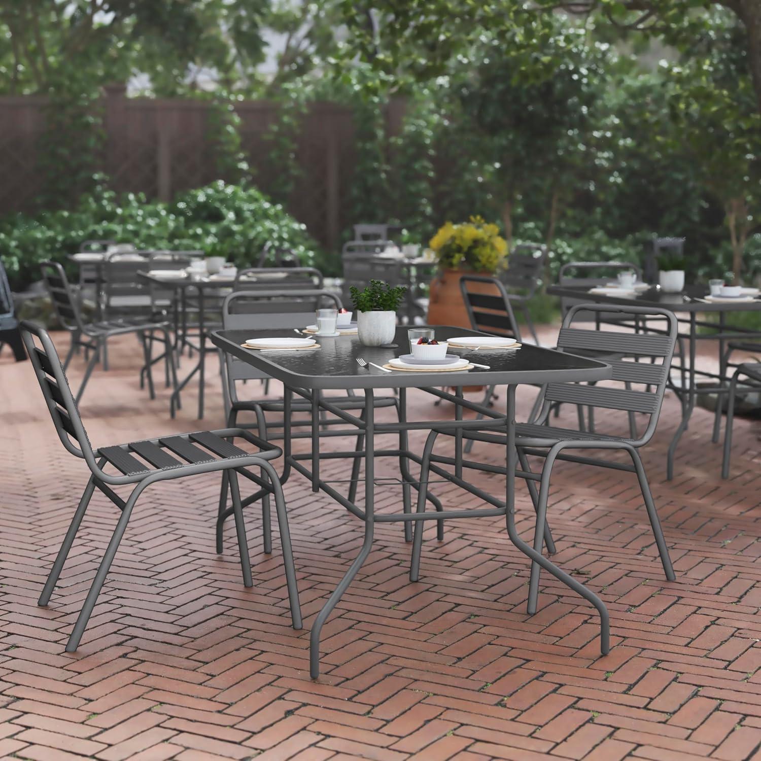 imageFlash Furniture Tory 315quot x 55quot Rectangular Tempered Glass Metal Patio Table with Umbrella Hole Modern Rippled Glass Outdoor Dining Table BlackClear TopSilver Frame
