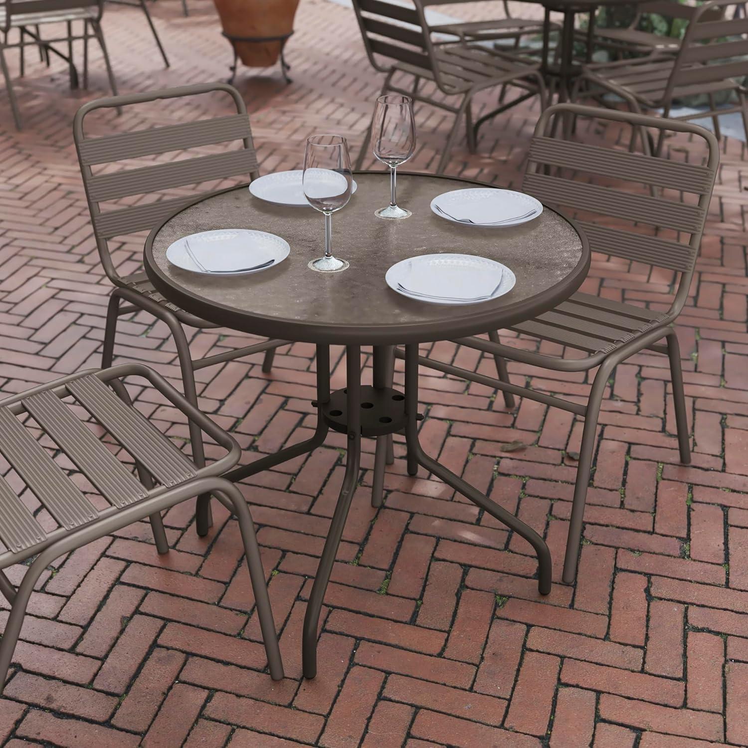 imageFlash Furniture Tory 315quot x 55quot Rectangular Tempered Glass Metal Patio Table with Umbrella Hole Modern Rippled Glass Outdoor Dining Table BlackClear TopBronze Frame