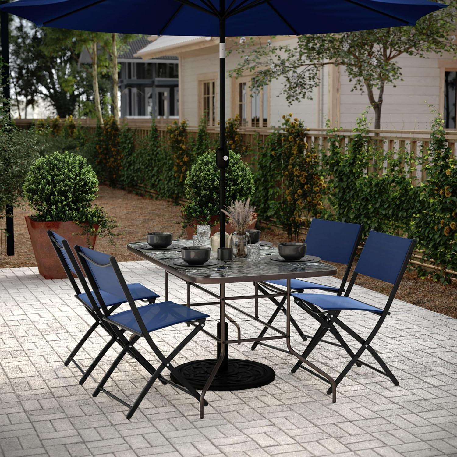 imageFlash Furniture Tory 315quot x 55quot Rectangular Tempered Glass Metal Patio Table with Umbrella Hole Modern Rippled Glass Outdoor Dining Table BlackClear TopBronze Frame