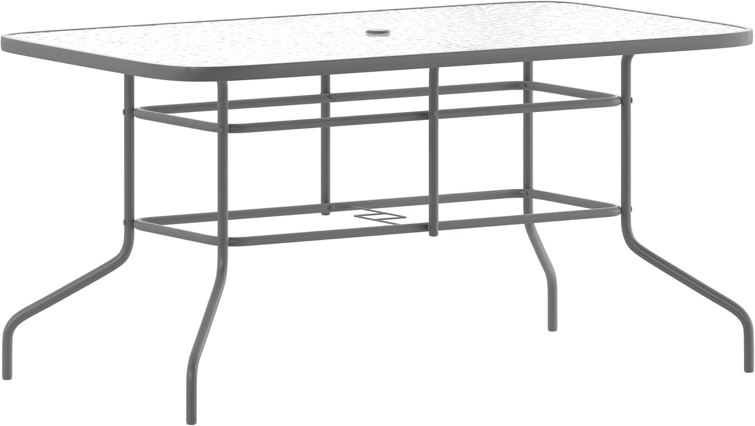 imageFlash Furniture Tory 315quot x 55quot Rectangular Tempered Glass Metal Patio Table with Umbrella Hole Modern Rippled Glass Outdoor Dining Table BlackClear TopSilver Frame