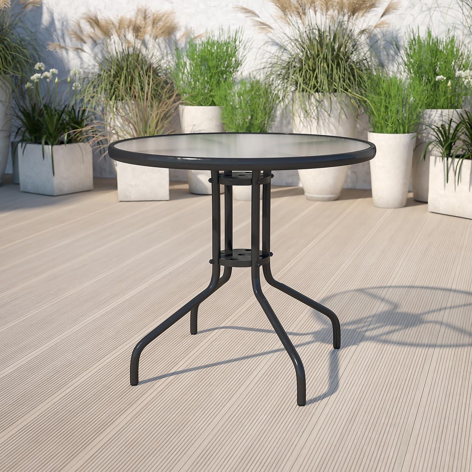 imageFlash Furniture Tory 315quot x 55quot Rectangular Tempered Glass Metal Patio Table with Umbrella Hole Modern Rippled Glass Outdoor Dining Table BlackClear