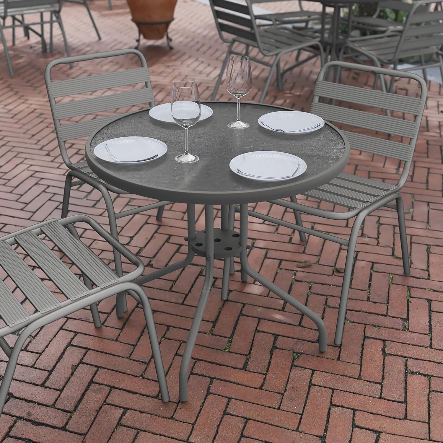 imageFlash Furniture Tory 315quot x 55quot Rectangular Tempered Glass Metal Patio Table with Umbrella Hole Modern Rippled Glass Outdoor Dining Table BlackClear TopSilver Frame
