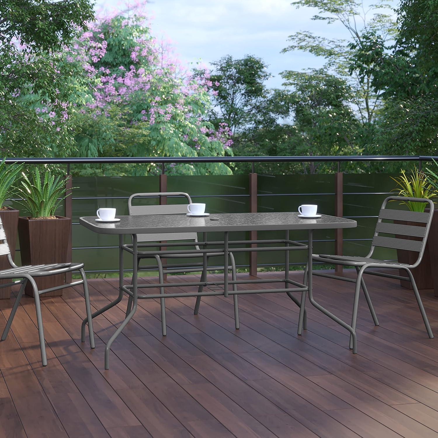 imageFlash Furniture Tory 315quot x 55quot Rectangular Tempered Glass Metal Patio Table with Umbrella Hole Modern Rippled Glass Outdoor Dining Table BlackClear TopSilver Frame