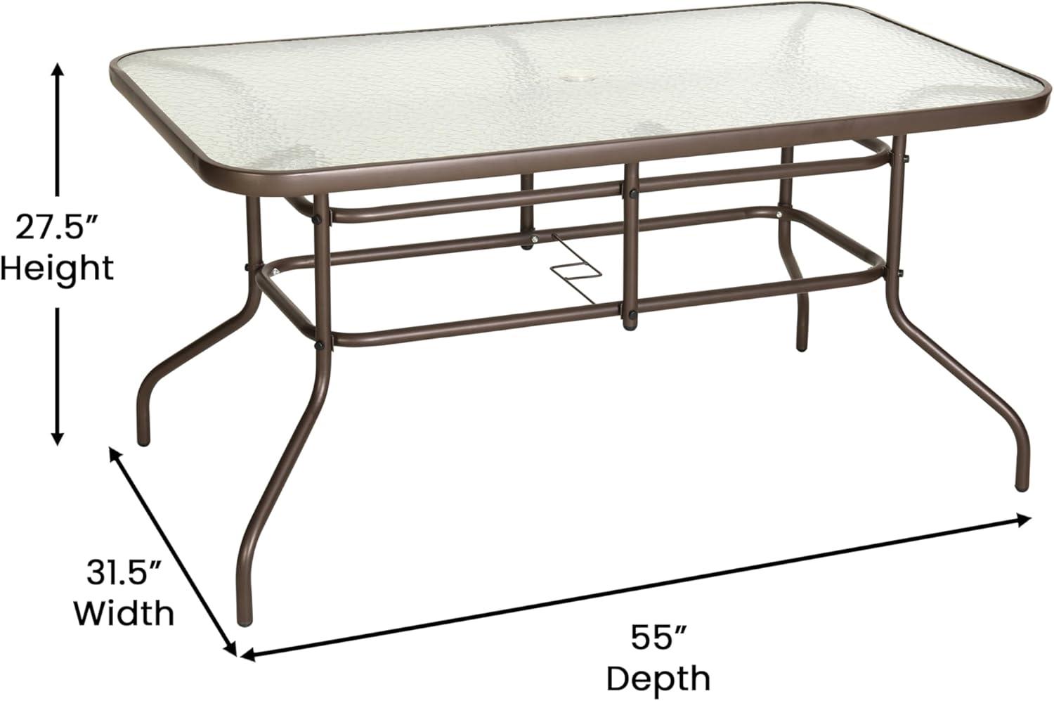 imageFlash Furniture Tory 315quot x 55quot Rectangular Tempered Glass Metal Patio Table with Umbrella Hole Modern Rippled Glass Outdoor Dining Table BlackClear TopBronze Frame