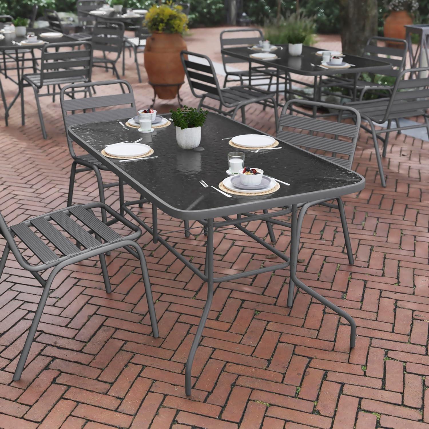 imageFlash Furniture Tory 315quot x 55quot Rectangular Tempered Glass Metal Patio Table with Umbrella Hole Modern Rippled Glass Outdoor Dining Table BlackClear TopSilver Frame