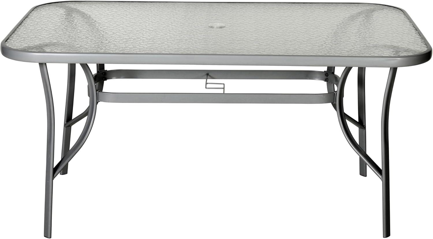 imageFlash Furniture Tory Rectangle Patio Table with Umbrella Hole Commercial AllWeather Table with Heat Resistant Tempered Glass Steel Tube Frame 35x 59 BlackClear TopSilver Frame