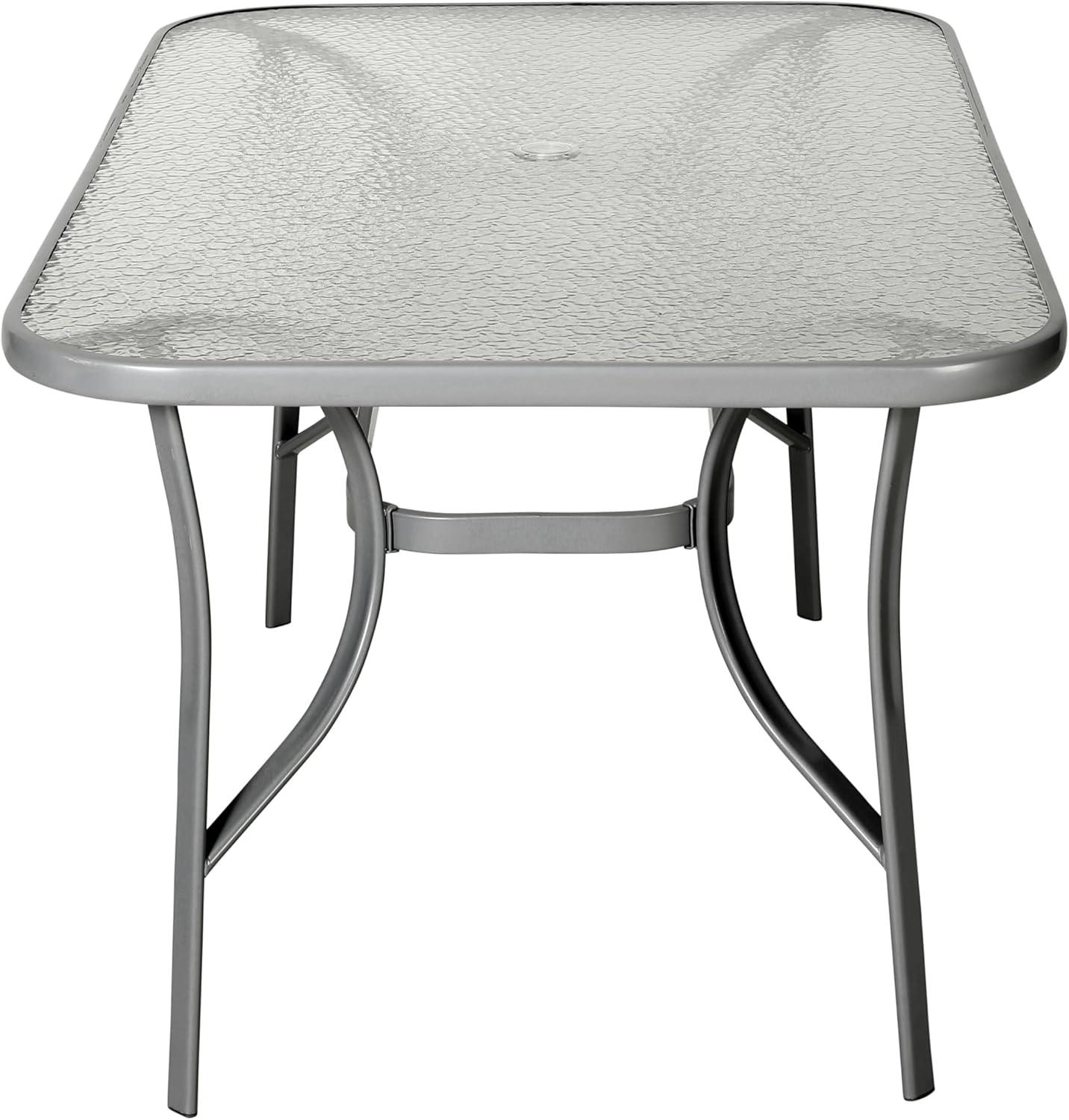 imageFlash Furniture Tory Rectangle Patio Table with Umbrella Hole Commercial AllWeather Table with Heat Resistant Tempered Glass Steel Tube Frame 35x 59 BlackClear TopSilver Frame
