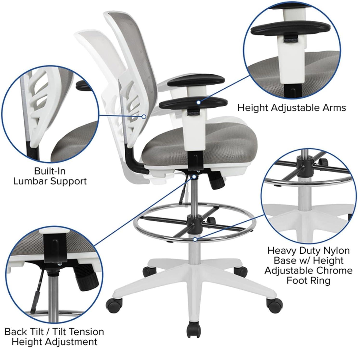 imageFlash Furniture Tyler MidBack Black Mesh Ergonomic Drafting Chair with Adjustable Chrome Foot Ring Adjustable Arms and Black FrameLight Gray MeshWhite Frame