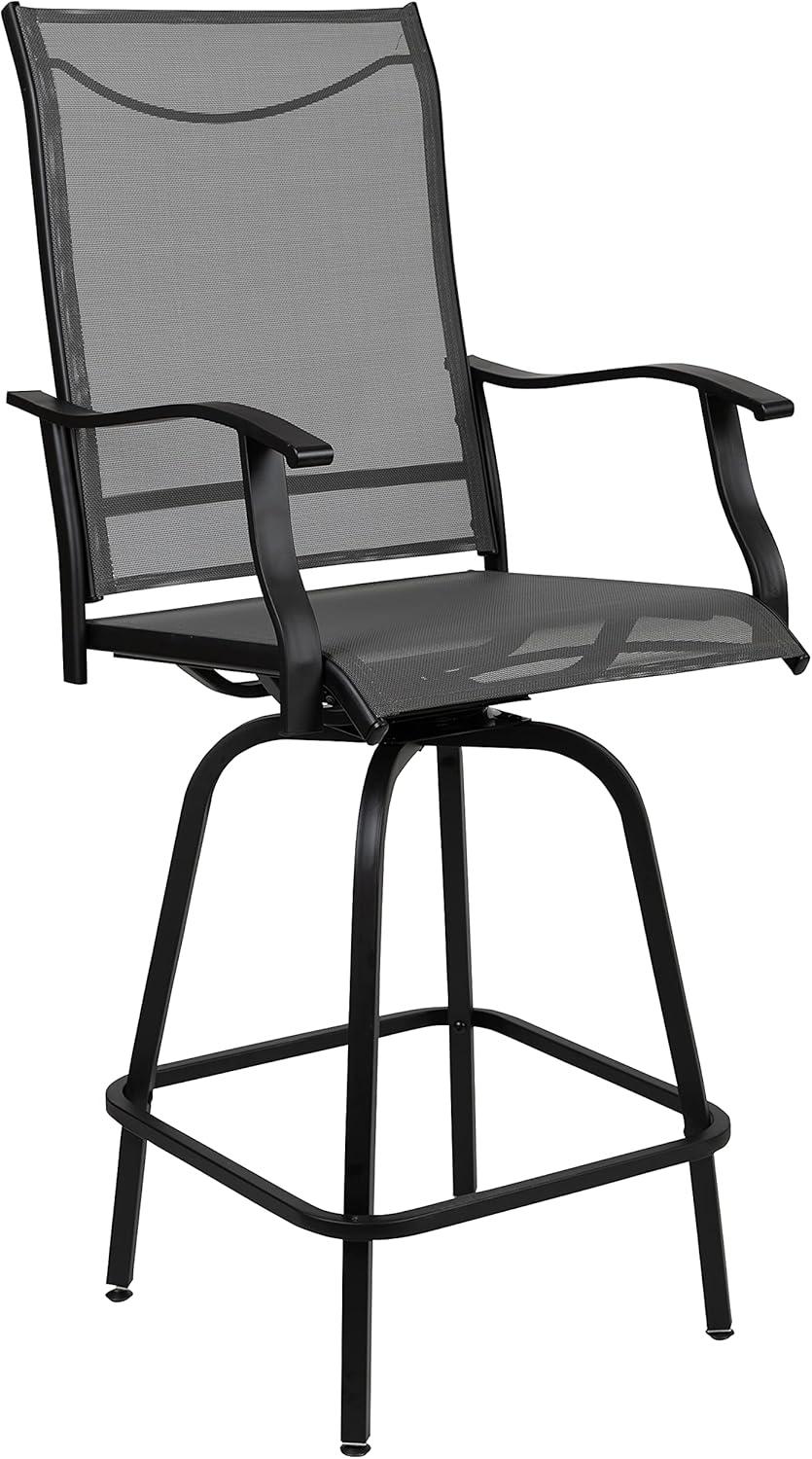 imageFlash Furniture Valerie AllWeather Swivel Patio Barstools with Footrest and Armrests Modern Sling Outdoor Bar Height Stools Set of 2 NavyGrey