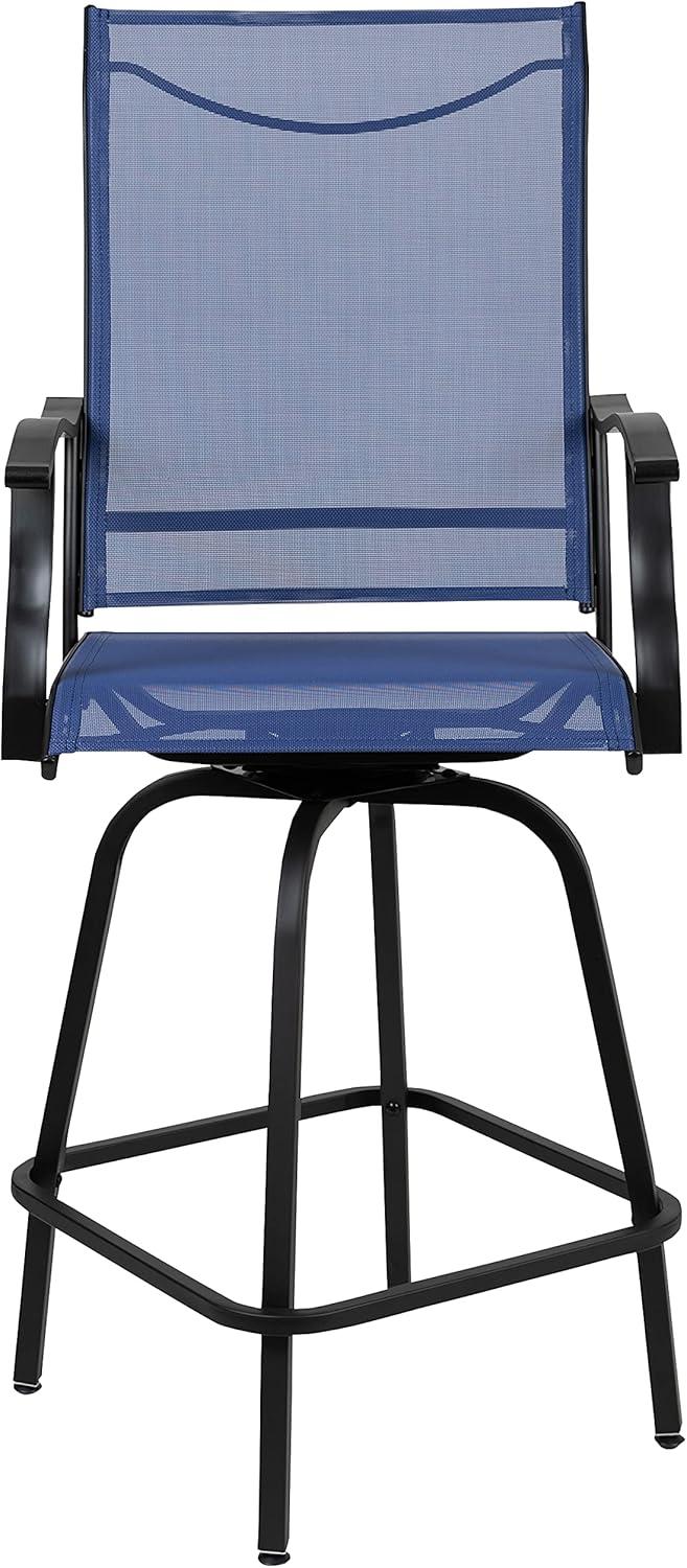 imageFlash Furniture Valerie AllWeather Swivel Patio Barstools with Footrest and Armrests Modern Sling Outdoor Bar Height Stools Set of 2 NavyNavy